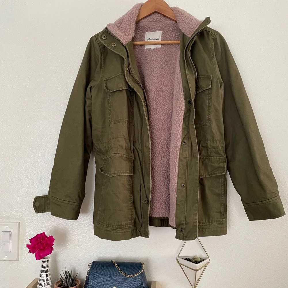 Madewell Olive‎ Green Utility Jacket Lavender Sherpa Lined Military Anorak Coat